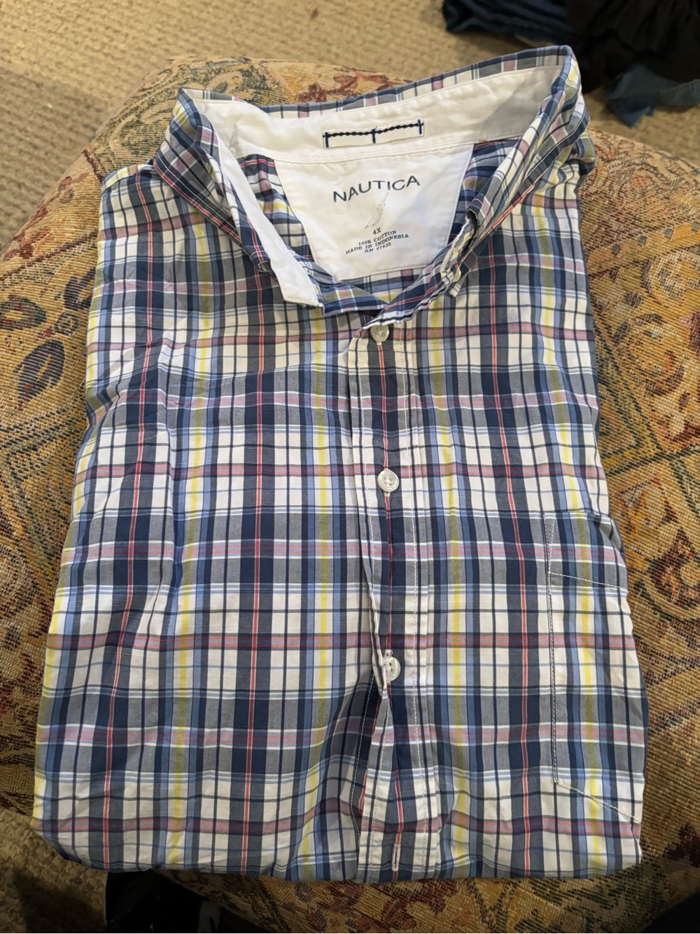Nautica Men's Navy, White & Yellow Plaid Button-Down Shirt